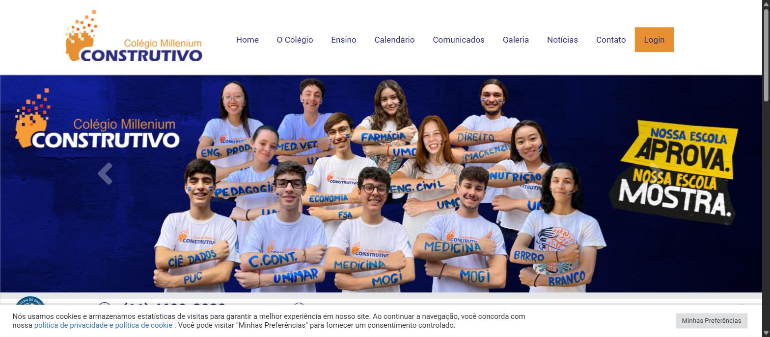 Captura da página inicial do Colégio Millenium Construtivo, com o menu principal e o banner da primeira tela